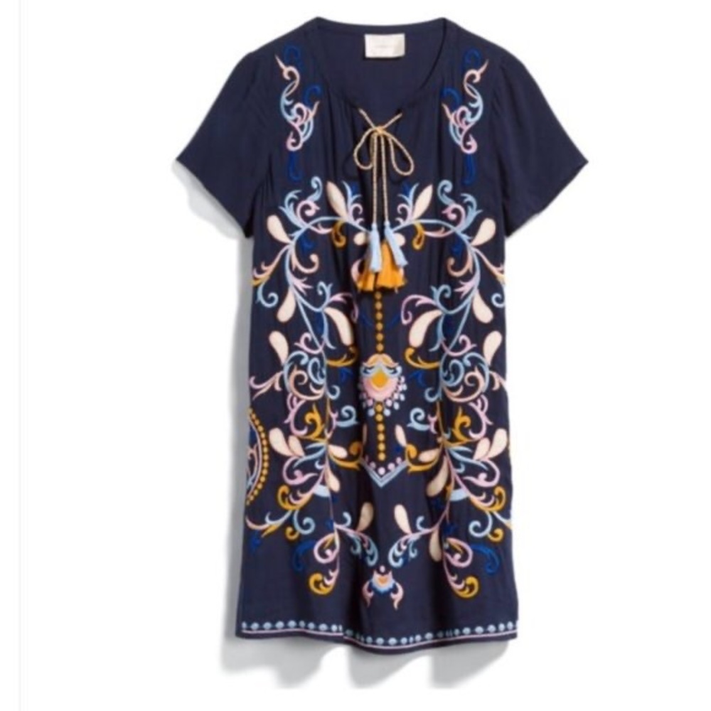 Skies Are Blue Womens Dress Size L Navy Blue Embroidered Short Sleeve Tassel